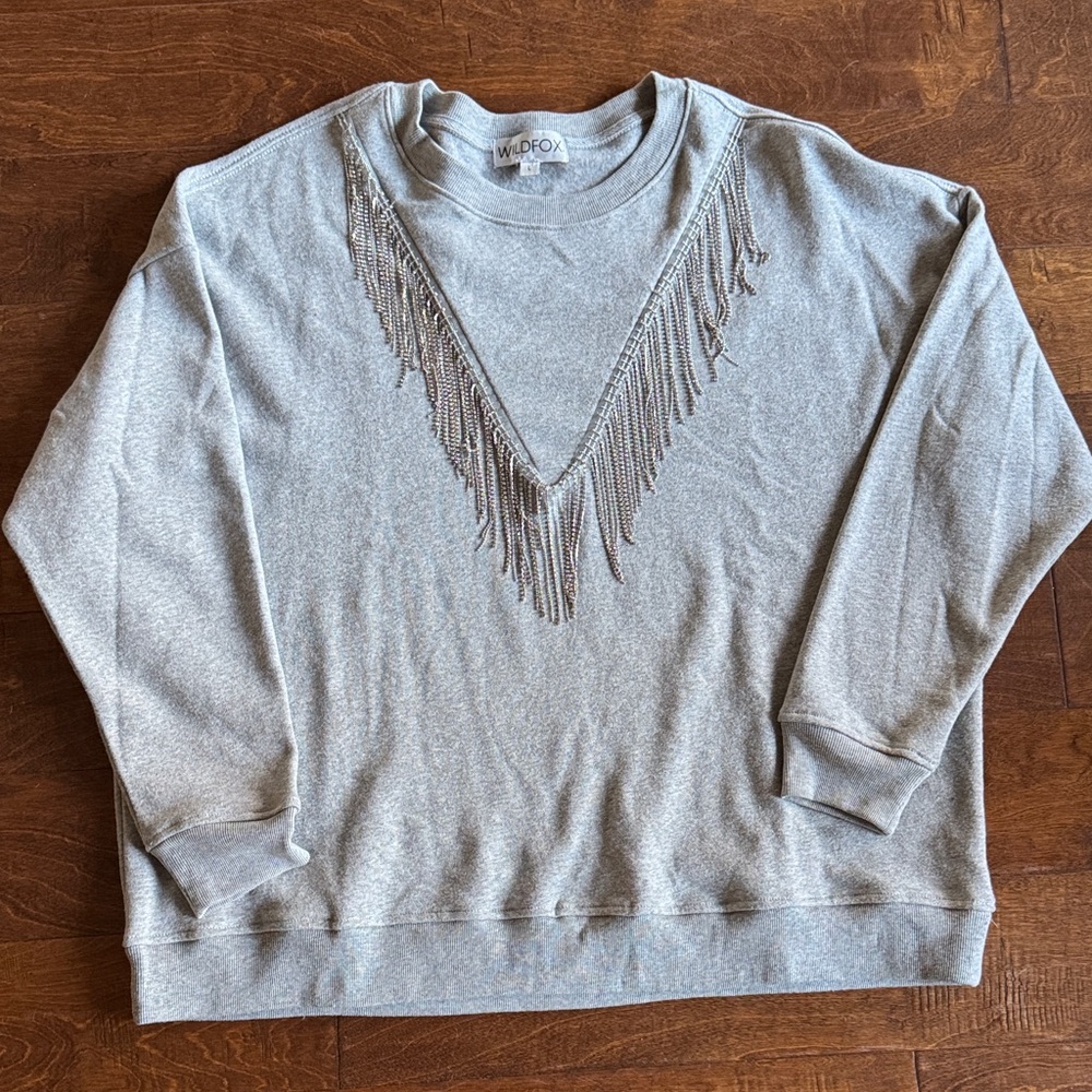 Wildfox Crewneck Sweat Shirt with Silver with  Clear Rhinestone Fringe